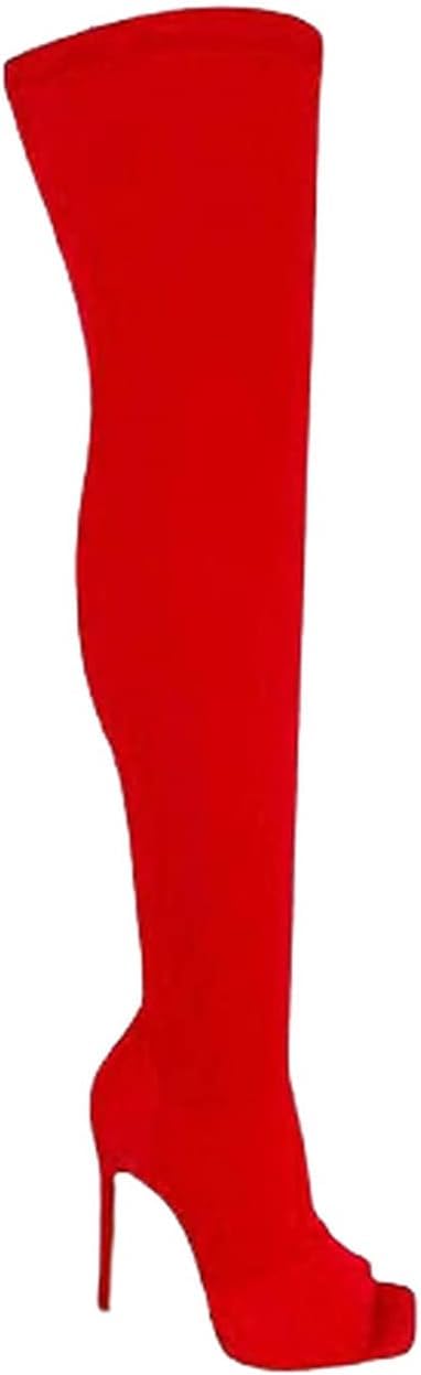 PAZZLE Women's Stiletto Heel Thigh High Boots Peep Toe Pull on Over The Knee Boots Victoria-2 Red Stretchy