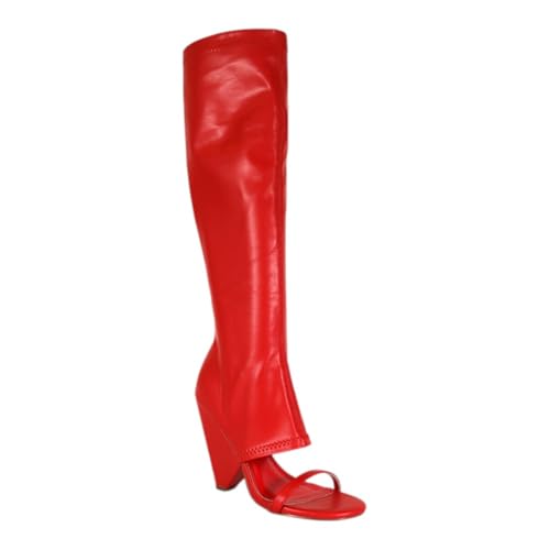 Liliana Women's Chunky Block Heel Peep Open Toe Knee High Boots Nano-11 Red 7