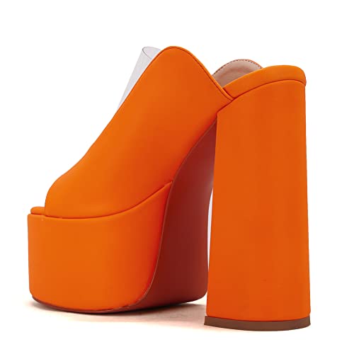 Makmeoyw Platform Heels Slippers Slip On Show Slingback Chunky Heels Sparkly Sandals Square Toe Mules Open Toe High Heels Slide-on Sandals Orange