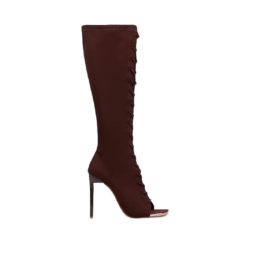 LEMONADE Lace up Stiletto Heel Knee High Boots For Women Chocolate
