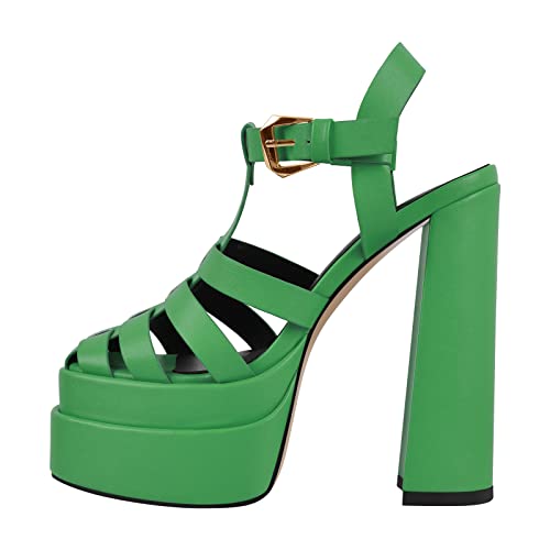 richealnini Double Platform Sandals with Buckles Square Open Toe Block Chunky Heels T-strap Adjustable Buckle Up Roman Fisherman Strappy Heels Ankle Strap Gladiator Pumps Outside Wedding Green Size 6