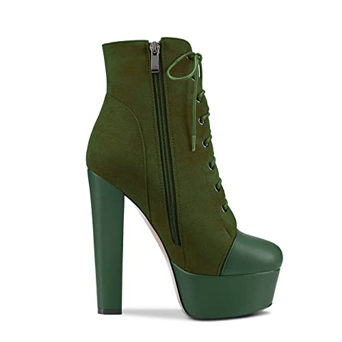 DearOnly Women Chunky Block Platform High Heel Round Toe Ankle Boots Short Bootie Zipper Party Cute Boots Dark Green