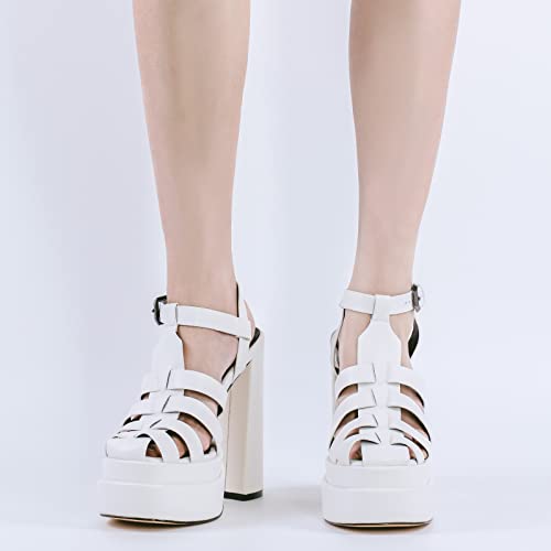 richealnini Double Platform Sandals with Buckles Square Open Toe Block Chunky Heels T-strap Adjustable Buckle Up Roman Fisherman Strappy Heel Ankle Strap Gladiator Pumps Outside Wedding White Size 10