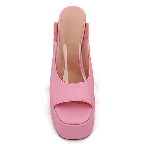 Makmeoyw Platform Heels Slippers Slip On Show Slingback Chunky Heels Sparkly Sandals Square Toe Mules Open Toe High Heels Slide-on Sandals Pink