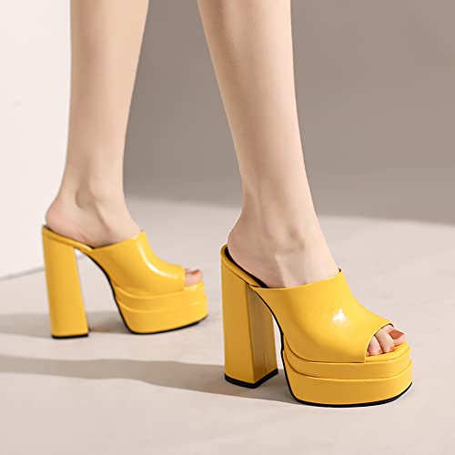 Makmeoyw Platform Heels Slippers Slip On Show Slingback Chunky Heels Sparkly Sandals Square Toe Mules Open Toe High Heels Slide-on Sandals Yellow Size 40