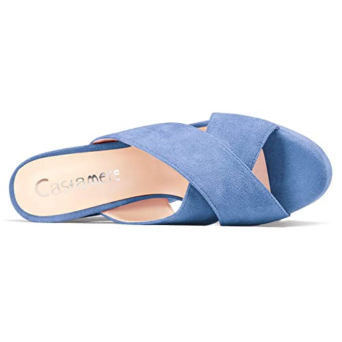 Castamere Women High Chunky Block Platform Heel Peep Open Toe Slip-on Sandals Casual Dress 5.9 Inches Heels Denim Blue