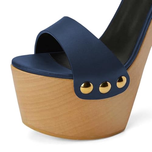 YDN Women's Platform Heeled Sandals Open Round Toe Chunky High Heels Backless Ankle Strap Sexy Casual Shoes for Spring Summer Party Navy Blue