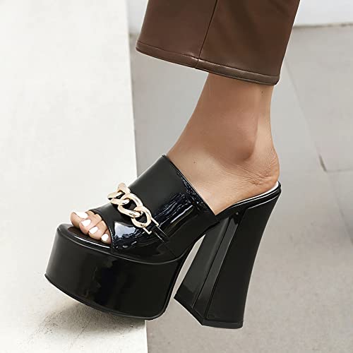 Makmeoyw Platform Heels Slippers Slip On Show Slingback Chunky Heels Sparkly Sandals Square Toe Mules Open Toe High Heels Slide-on Sandals Black Size 40