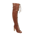 Liliana Women's Peep Toe Lace-Up Chunky Heel Over The Knee Boot Drip-1 Brown