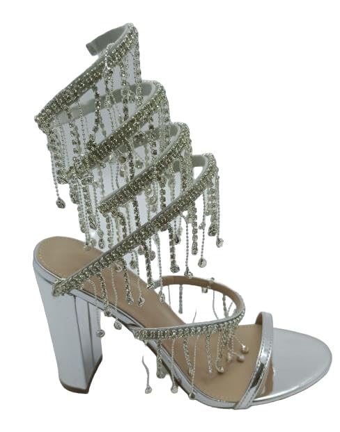 Wild Diva Women's Morris-605 Chandelier Embellished Rhinestone Spiral Coil Wrap Around Chunky Block Heels (Silver PU, US Footwear Size System, Adult, Women, Numeric, Medium, 10)