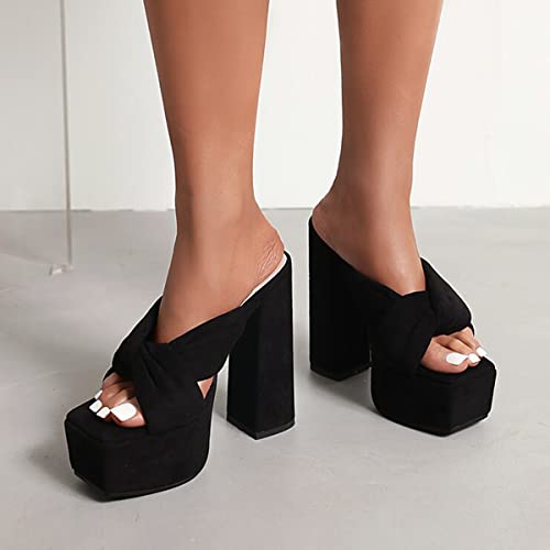 CoceMoce Gorgeous Thick Chunky High Heel Platform Pumps Black for Women Square Open Toe Cross-Band Backless Slip-On Summer Dress Shoes Ballroom Dancing Club Evening Party Size 10 US