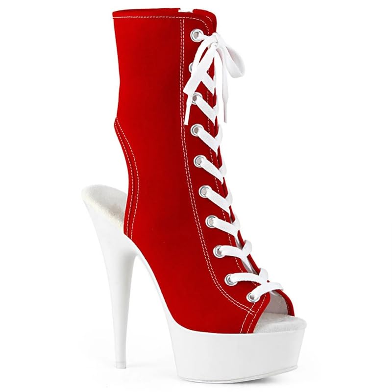 denova's Women's Canvas Very High Heel Lace Up Platform Pole Dance Ankle Boot with Zipper (12,red 4)