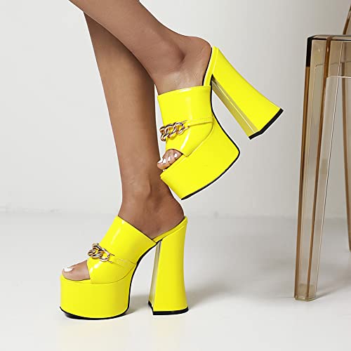 Makmeoyw Platform Heels Slippers Slip On Show Slingback Chunky Heels Sparkly Sandals Square Toe Mules Open Toe High Heels Slide-on Sandals Yellow Size 40