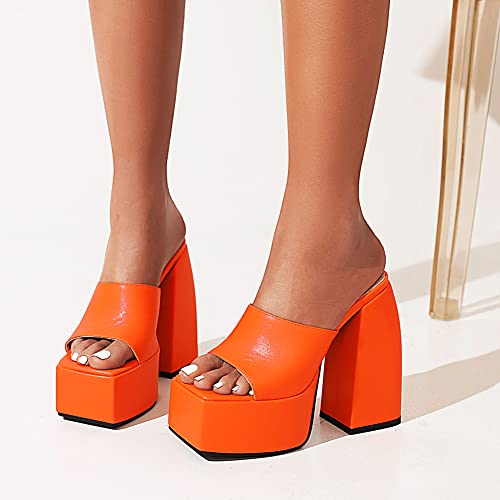 Makmeoyw Platform Heels Slippers Slip On Show Slingback Chunky Heels Sparkly Sandals Square Toe Mules Open Toe High Heels Slide-on Sandals Orange