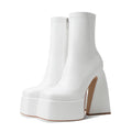 Uacllcau White Platform Boots for Women Ankle Booties Square Toe Chunky High Heel Boots Side Zipper Mid Calf Boots