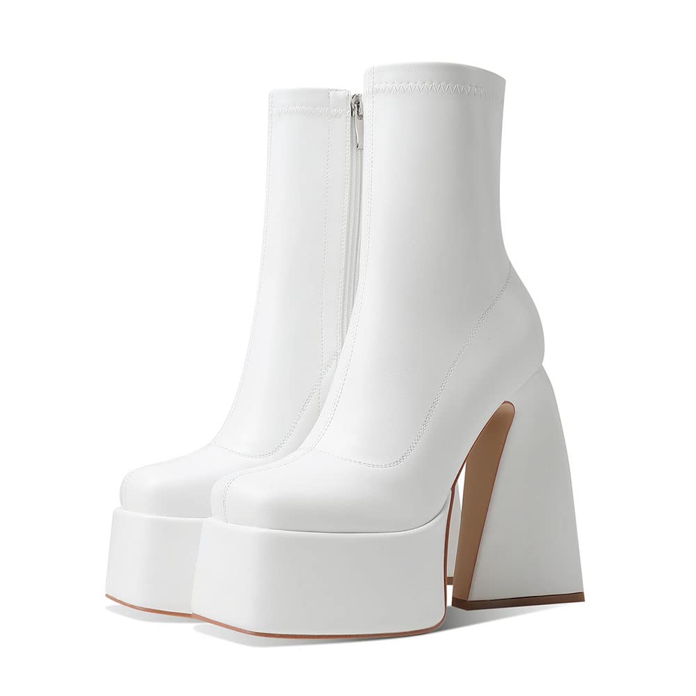 Uacllcau White Platform Boots for Women Ankle Booties Square Toe Chunky High Heel Boots Side Zipper Mid Calf Boots