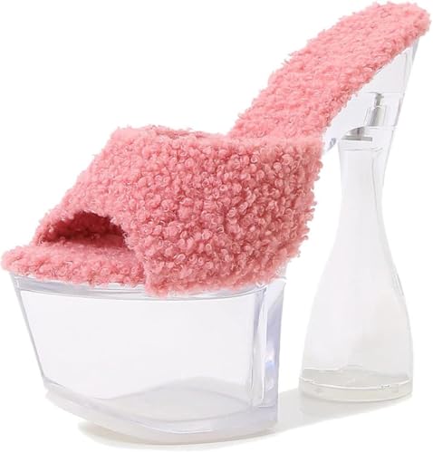 OXCOWNIU High Heeled Transparent Sandals Platform, PVC Sole, Faux Fur Lining Women's High-heeled Sandals