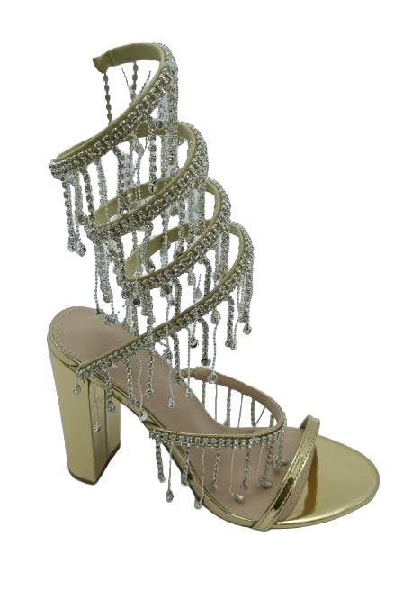 Wild Diva Women's Morris-605 Chandelier Embellished Rhinestone Spiral Coil Wrap Around Chunky Block Heels (Gold PU, US Footwear Size System, Adult, Women, Numeric, Medium,