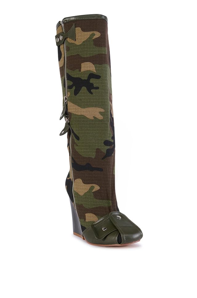 LEMONADE Women's Buckle Detail Square Toe Wedge Heel Knee High Long Boot﻿ Senna Camo