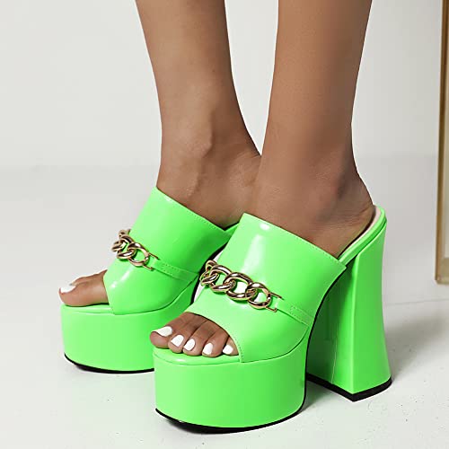 Makmeoyw Platform Heels Slippers Slip On Show Slingback Chunky Heels Sparkly Sandals Square Toe Mules Open Toe High Heels Slide-on Sandals Green Size 40