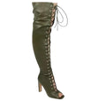 Liliana Women's Peep Toe Lace-Up Chunky Heel Over The Knee Boot Drip-1 Olive