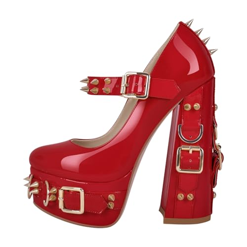 onlymakerheels Mary Jane Rivet Platform Chunky Heel Back Strap Pumps Red Size14