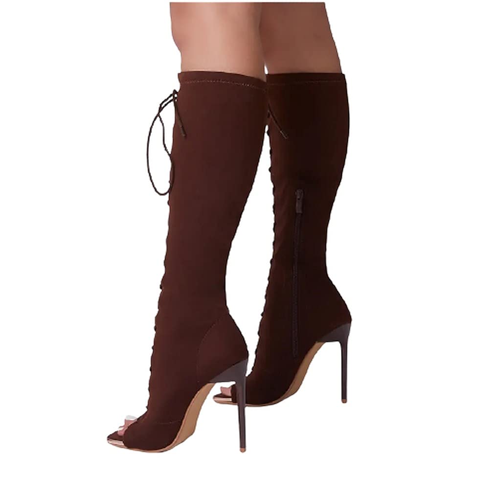 LEMONADE Lace up Stiletto Heel Knee High Boots For Women Chocolate