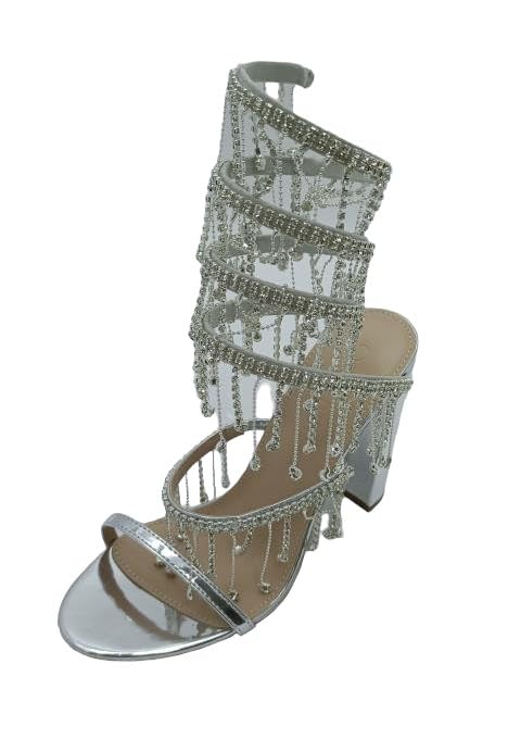 Wild Diva Women's Morris-605 Chandelier Embellished Rhinestone Spiral Coil Wrap Around Chunky Block Heels (Silver PU, US Footwear Size System, Adult, Women, Numeric, Medium, 10)
