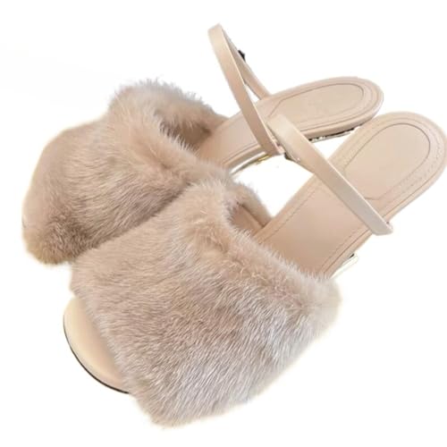 Azttoztto Women's Furry Slide Sandals High Heel Round Toe Designer Slippers Unique Geometric Heel Dressy Evening Shoes (apricot color,4.5)