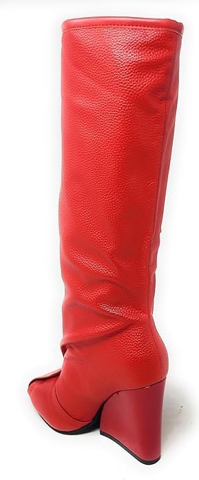 LEMONADE Women's Buckle Detail Square Toe Wedge Heel Knee High Long Boot﻿ Senna Red