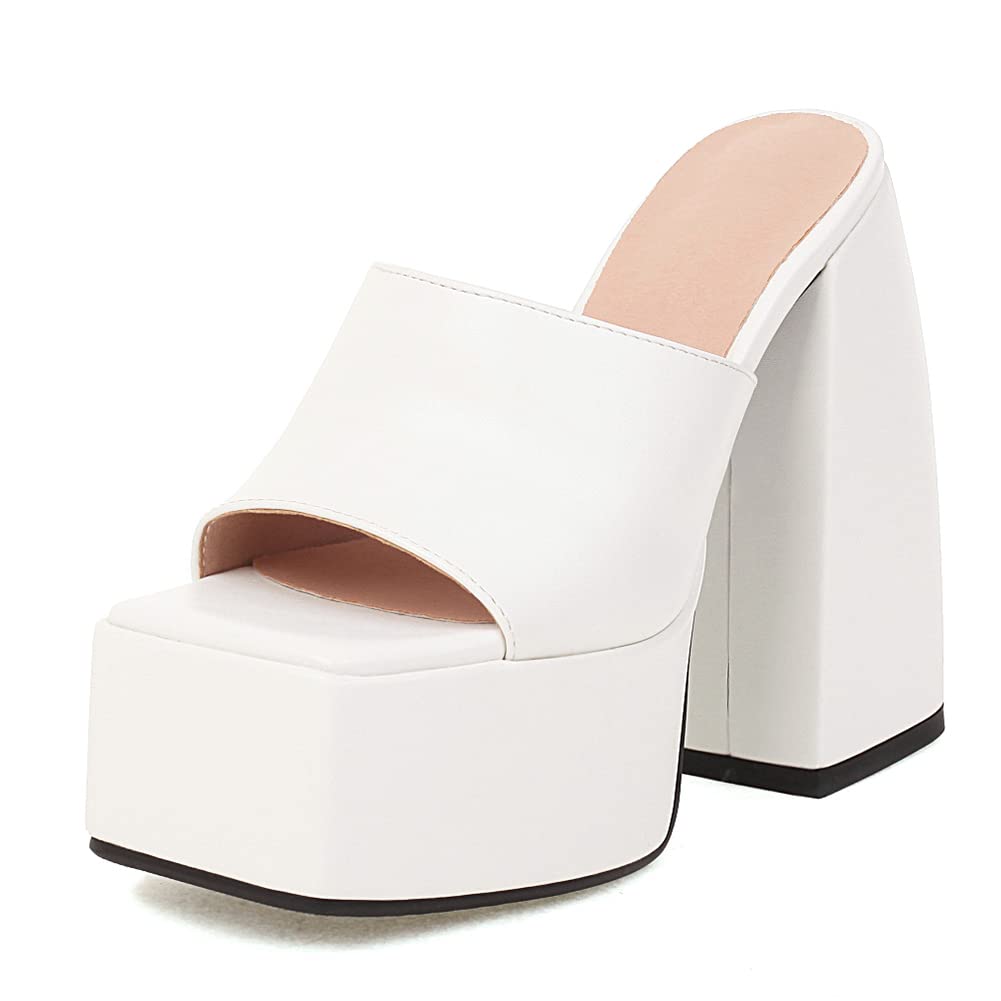 Makmeoyw Platform Heels Slippers Slip On Show Slingback Chunky Heels Sparkly Sandals Square Toe Mules Open Toe High Heels Slide-on Sandals White