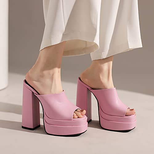 Makmeoyw Platform Heels Slippers Slip On Show Slingback Chunky Heels Sparkly Sandals Square Toe Mules Open Toe High Heels Slide-on Sandals Pink