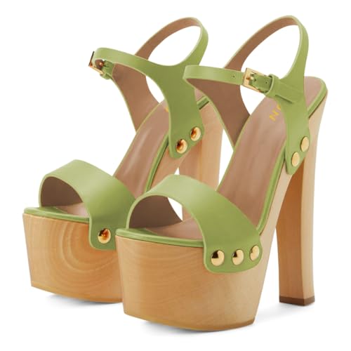YDN Women's Platform Heeled Sandals Open Round Toe Chunky High Heels Backless Ankle Strap Sexy Casual Shoes for Spring Summer Party Size 7 Grass Green