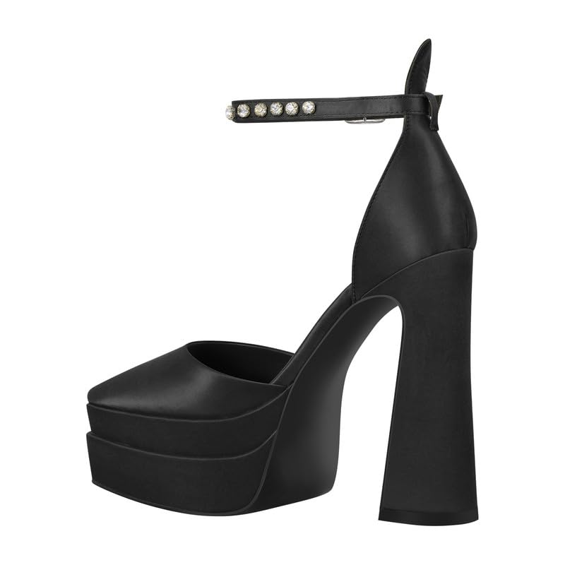 onlymakerheels Women’s Double High Chunky Platform Pointed Closed Toe Chunky Heels Ankle Strap Rhinestone Pumps Shoes for Dress Wedding Party Black Size7