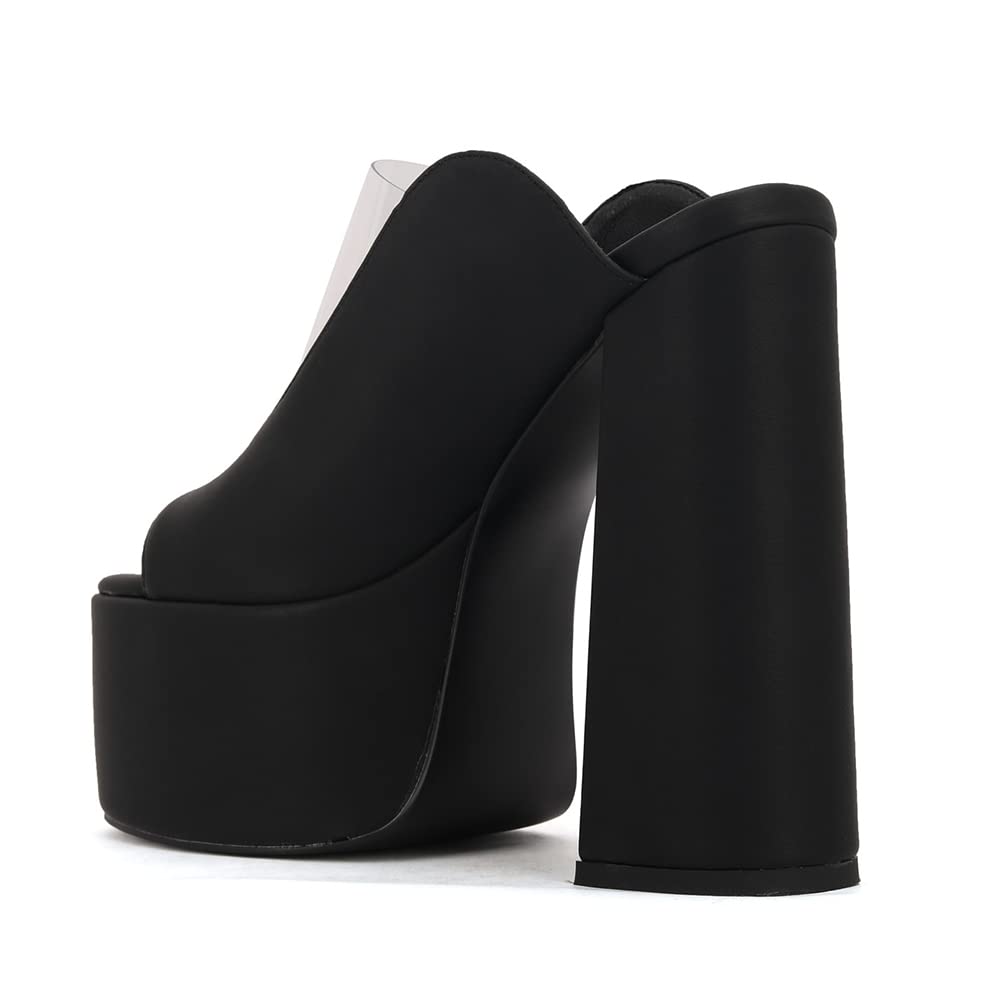 Makmeoyw Platform Heels Slippers Slip On Show Slingback Chunky Heels Sparkly Sandals Square Toe Mules Open Toe High Heels Slide-on Sandals Black