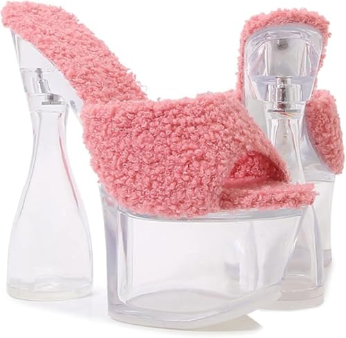 OXCOWNIU High Heeled Transparent Sandals Platform, PVC Sole, Faux Fur Lining Women's High-heeled Sandals