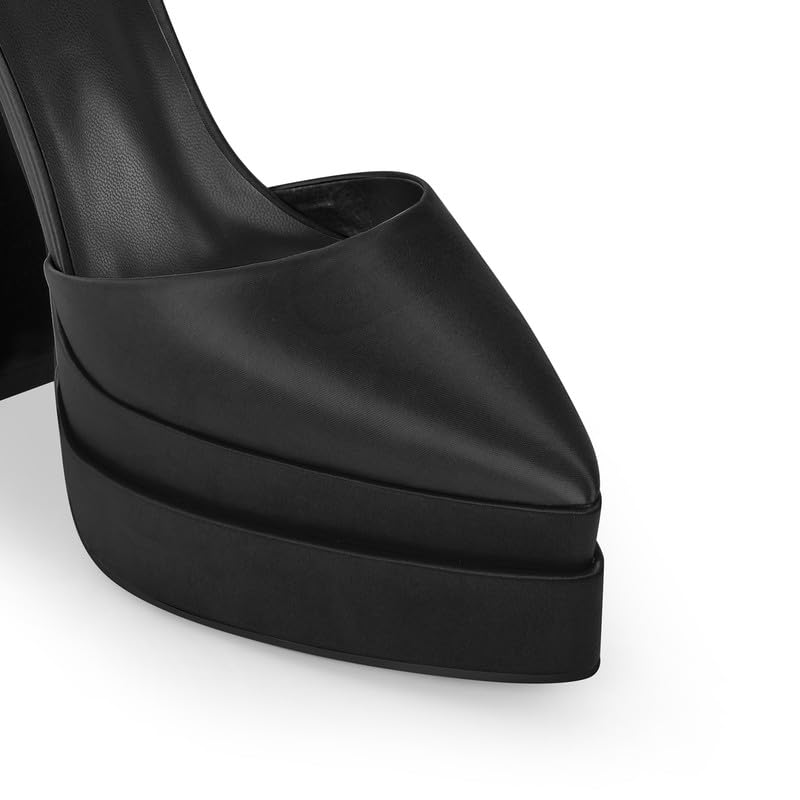 onlymakerheels Women’s Double High Chunky Platform Pointed Closed Toe Chunky Heels Ankle Strap Rhinestone Pumps Shoes for Dress Wedding Party Black Size7
