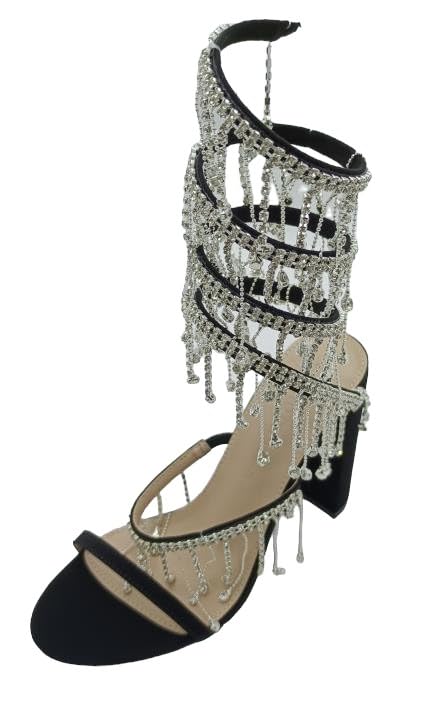 Wild Diva Women's Morris-605 Chandelier Embellished Rhinestone Spiral Coil Wrap Around Chunky Block Heels (Black Nubuck, US Footwear Size System, Adult, Women, Numeric, Medium,