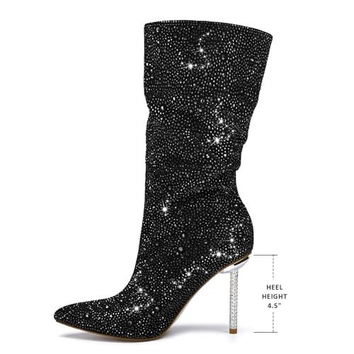Driceic Women's Black Mid Calf Sparkly Rhinestone Stiletto Heel Western Wide Calf Short Cowboy Boots Sexy Pointed Toe Dress Party Boots