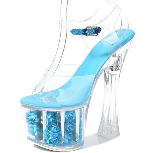 F&A LOVING Women Clear Flower Platform Sexy Sandals 6.9 Inch Block Heel Pole Dance Shoes