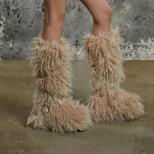 TVNGDLI Women Knee High Furry Faux Fur Boots Fuzzy Fluffy Round Toe Anti Slip Ankle Strap Rivet Flat Shoes Outdoor Christmas Fashion Party Gifts Boots