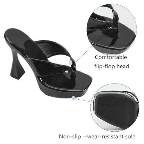 TZNBGGE Women's Laser Glossy Platform High Heel 4.72in Flip Flops Square Toe Non-slip Mule Stilettos Slides Sandals for Nightclub Party Dating (Black,8)