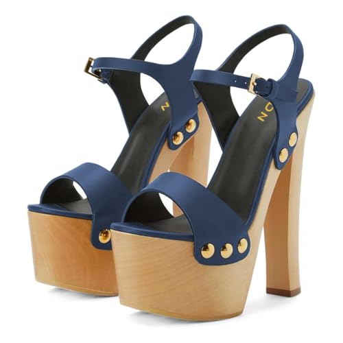 YDN Women's Platform Heeled Sandals Open Round Toe Chunky High Heels Backless Ankle Strap Sexy Casual Shoes for Spring Summer Party Navy Blue
