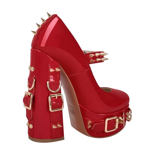 onlymakerheels Mary Jane Rivet Platform Chunky Heel Back Strap Pumps Red Size14