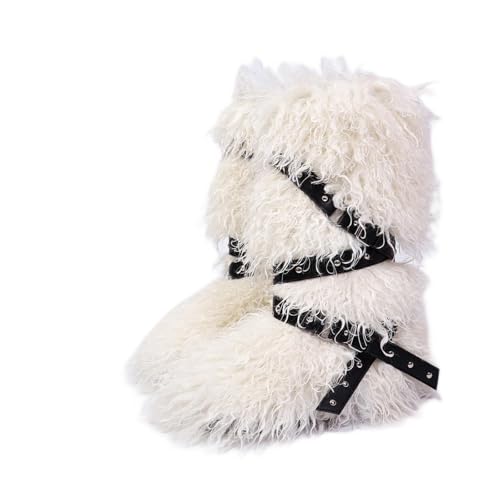TVNGDLI Women Knee High Furry Faux Fur Boots Fuzzy Fluffy Round Toe Anti Slip Ankle Strap Rivet Flat Shoes Outdoor Christmas Fashion Party Gifts Boots