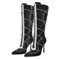 Rhineshell Women's Pointed Closed Toe Tie Up Under the Knee High Boots Side Zipper Long Boots Dress Embroidered Stilettos Cloth High Heels 4 Inches Slim Heel Black
