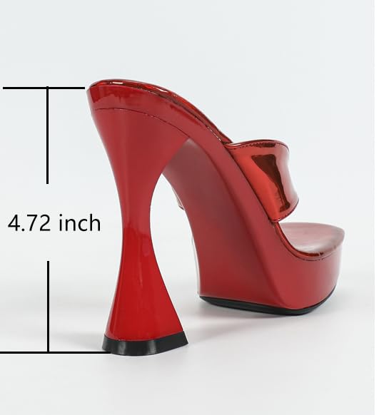 TZNBGGE Women's Laser Glossy Platform High Heel 4.72in Flip Flops Square Toe Non-slip Mule Stilettos Slides Sandals for Nightclub Party Dating red