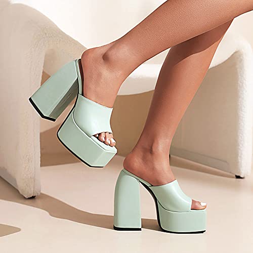 Makmeoyw Platform Heels Slippers Slip On Show Slingback Chunky Heels Sparkly Sandals Square Toe Mules Open Toe High Heels Slide-on Sandals Cyan