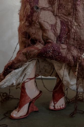 MissHeel Lace Up Sandal Heels Sexy Wedge Heels for Women Red Strappy Wedges Sandals Open Toe Dressy Thong-Heels Size 10