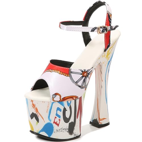F&A LOVING Women's Platform Sandals Ankle Strap 6.9" Block High Heels Pipe dancing shoes